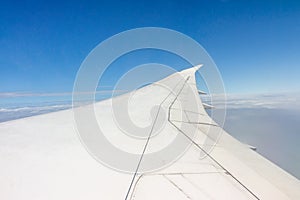 Wing of an airplane flying in the sky