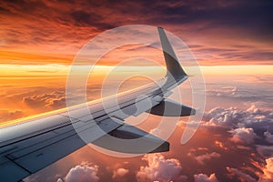 Wing airplane flying sunset. Generate Ai