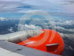 Wing of an airplane. picture for add text message or frame website. Traveling concept.