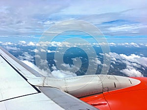 Wing of an airplane. picture for add text message or frame website. Traveling concept.