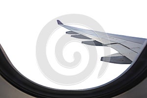 Wing of airplane from window isolated on white. Saved with clipping path.
