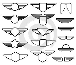 Wing army emblems, aviation badges, pilot labels line vector set photo