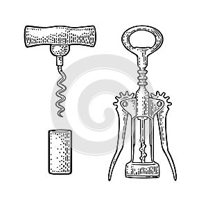 Wing corkscrew, basic corkscrew and cork. Black vintage engraved vector