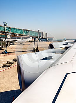 Wing with engines of Airbus A380 at Beijing Capital Airport