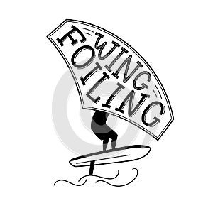 Wing foiling lettering with a surfer