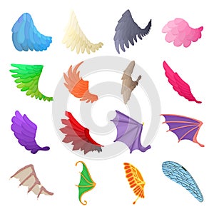 Wing icons set, cartoon style