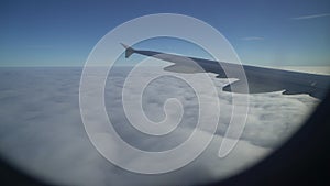 Wing of plane. Airplane window. Wing of airplane from window. Airplane flight. Wing of an airplane flying above the