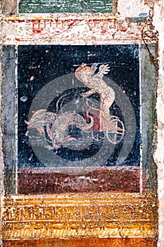 Winged Amorino leads a fish-drawn chariot in Pompeii.