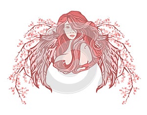 winged angel woman among cherry blossom pink and white vector portrait