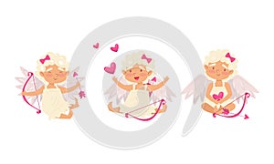 Winged Chubby Girl Cupid with Bow and Arrow Vector Set