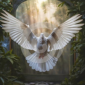 Winged dove, a representation of the New Testament Holy Spirit with a green background