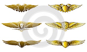 Winged golden badges award set