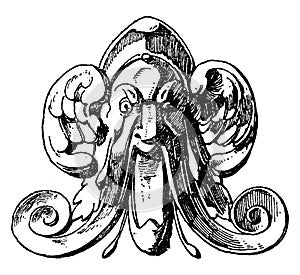 Winged Grotesque Mask design comes from the spout of a can during the German Renaissance, vintage engraving