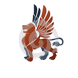 Winged Gryphon, mythical animal ancient emblem element. Heraldic