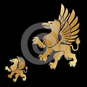 Winged Gryphon, mythical animal ancient emblems elements set. He
