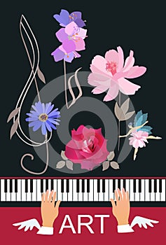 Winged hands of musician playing on concert black piano, small young fairy dancing with pink flower, floral treble clef