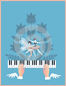 Winged hands playing the piano keys. Mysterious flowers and dancing couple of elves on a blue background.