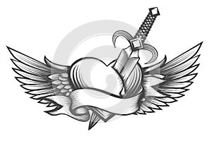 Winged heart pierced by dagger drawn in tattoo style photo