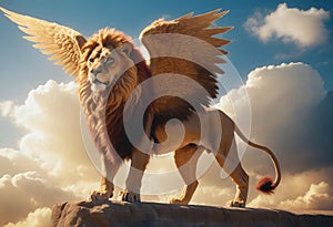 A winged lion flying over golden clouds
