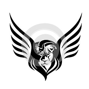 Winged lion head simple black and white vector design