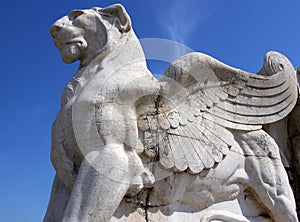 Winged lion sculpture.