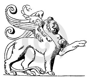 Winged Lion is shown on the tomb of Loys de Bresze in the Rouen Cathedral, vintage engraving