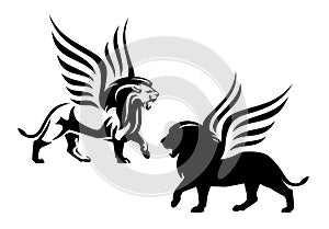 Winged lion side view black and white vector outline and silhouette design set