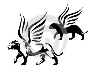 Winged lioness side view black and white vector outline and silhouette