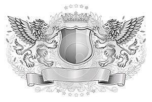 Winged Lions Holding Shield Emblem