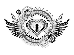 Winged mechanical heart on white background