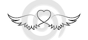 Winged nubes. Winged heart line icon. Heart with wings black line icon isolated on white background. Love and romance concept. photo