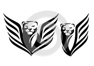 Winged panther head simple black and white vector design set