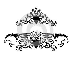 Winged pegasus horses with heraldic rose flowers decor black and white vector design set