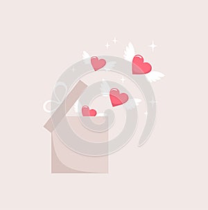 Winged pink hearts flying out of an open gift box on a beige background. Vector illustration in flat style