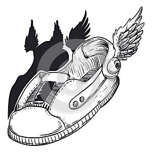 Winged Shoes ready for the Race in Hand Drawn Style, Vector Illustration