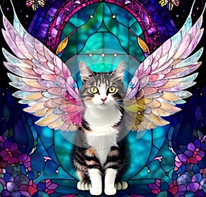 Winged Stained glass tabby cat ai beautiful details