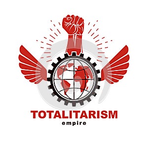 Winged vector emblem composed with raised fist holding Earth planet symbol surrounded with cog wheel circle. Proletarian social