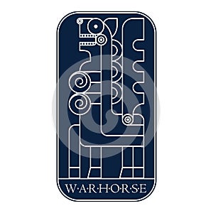 Winged warhorse with a metal breastplate. Dark blue manuscript card photo