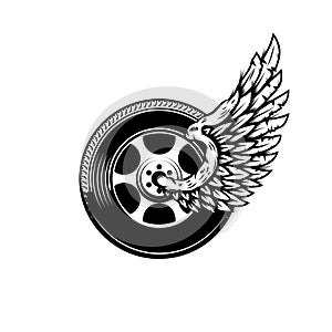 Winged wheel in monochrome style. Design element for logo, label, sign, emblem.