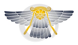 Winged solar disk of god Ashur, a sun emblem with wings and symbol
