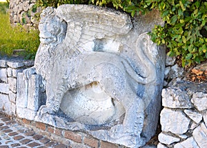 Wingeed lion sculpture at entrance of Trsat castle