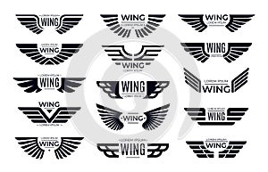 Wings badges. Flying emblem, eagle bird wing and winged frame vector set