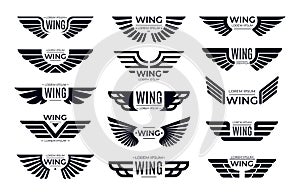 Wings badges. Flying emblem, eagle bird wing and winged frame vector set