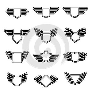 Wings badges. Stylized geometrical army shields empty aviation emblems with symbols of wings vector corporate insignia