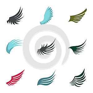 Wings of bird icons set, flat style