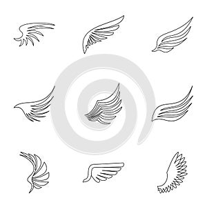 Wings of bird icons set, outline style