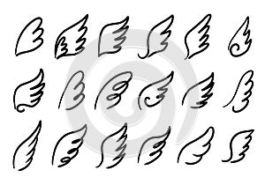 Wings birds and angel. Cartoon doodle bird tattoo wing icon. Feather sketch handdrawn collection