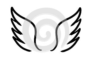 Wings birds and angel. Cartoon doodle bird tattoo wing icon. Feather sketch handdrawn collection