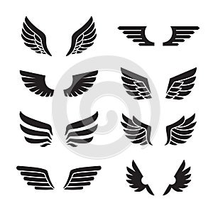 Wings black icons vector set. Minimalistic design.