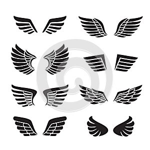 Wings black icons vector set (silhouettes). Minimalistic design.